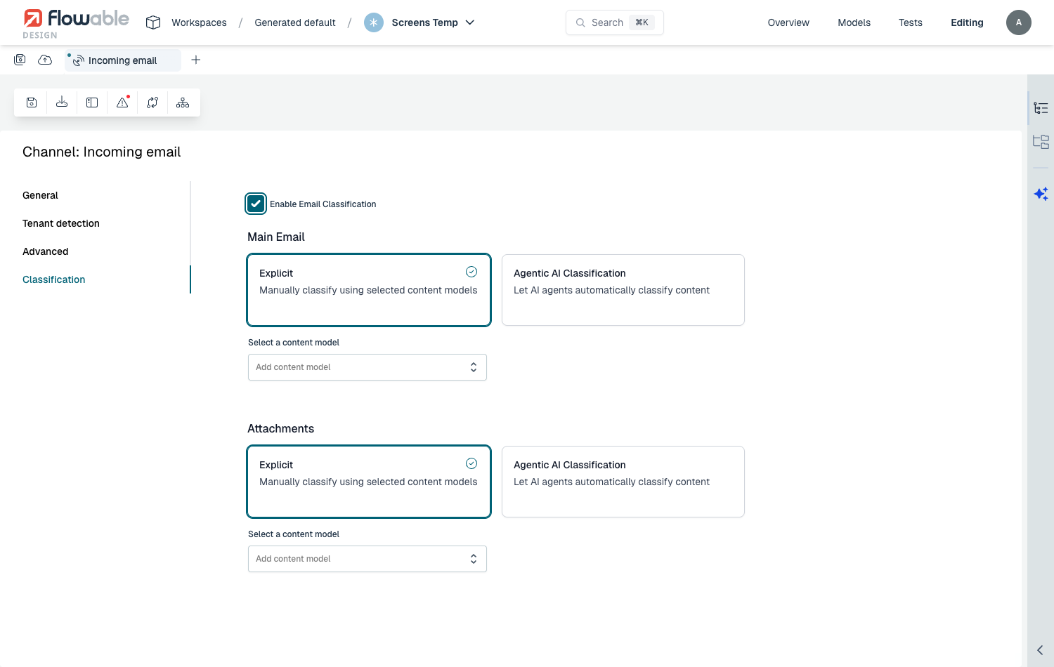 Classification configuration for email and attachments on the email inbound channel