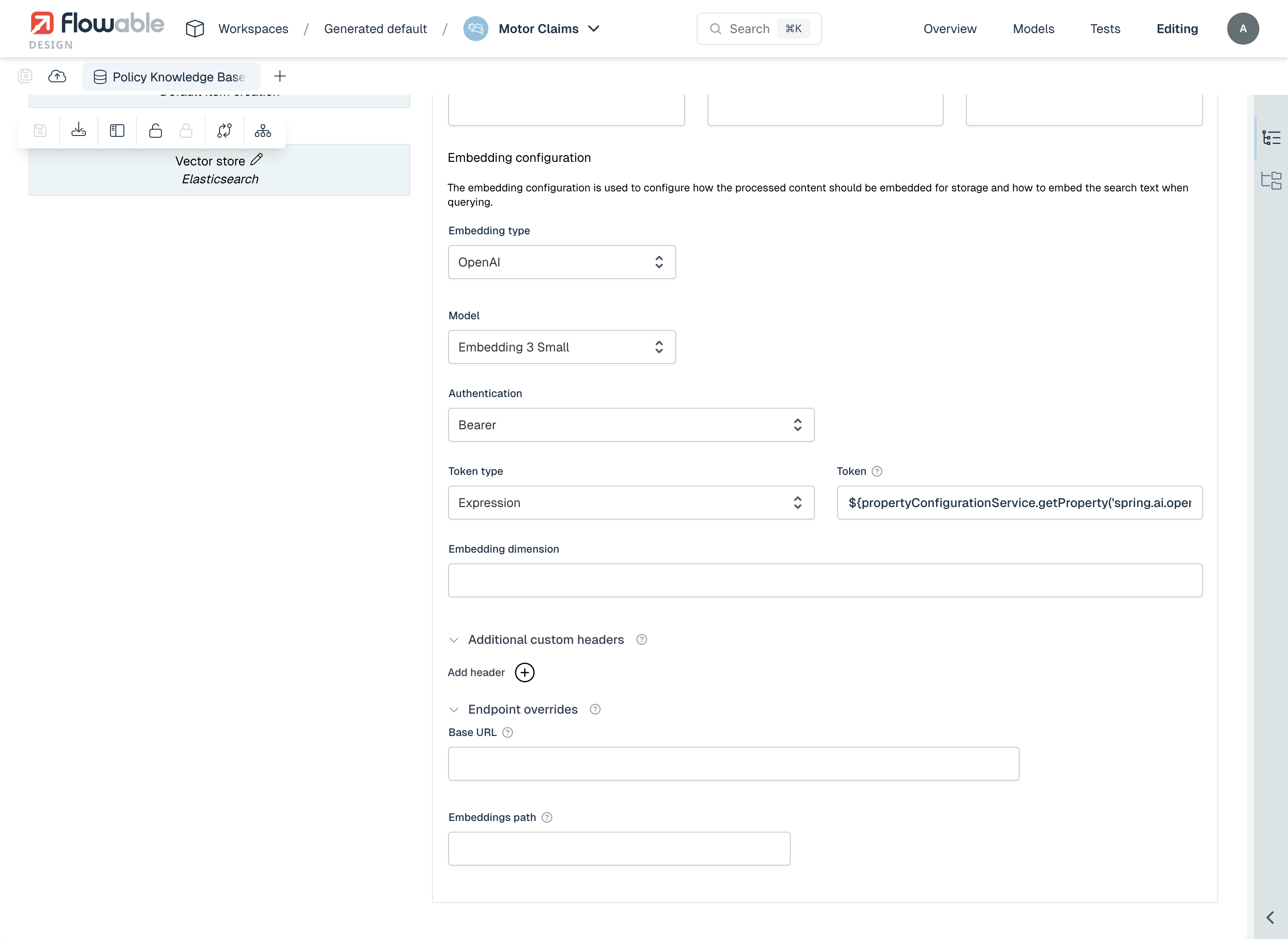 Embedding configuration for a vector store