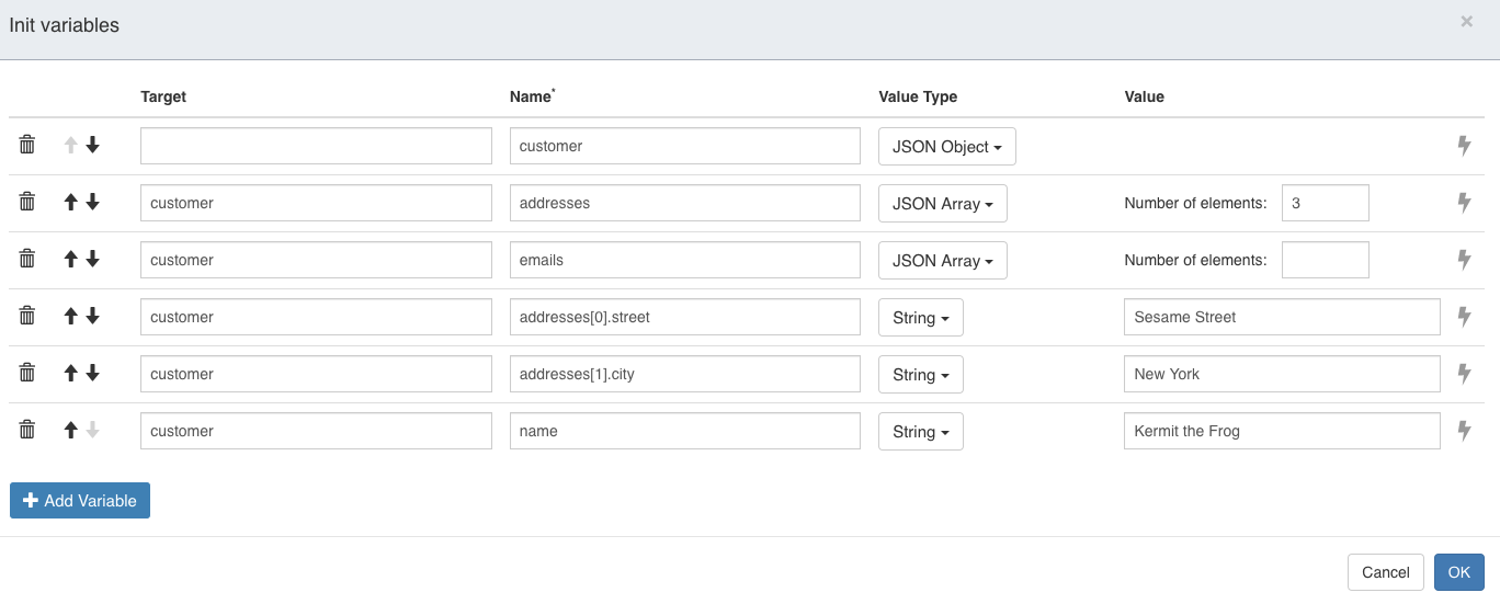 Init Variables JSON Array Default value