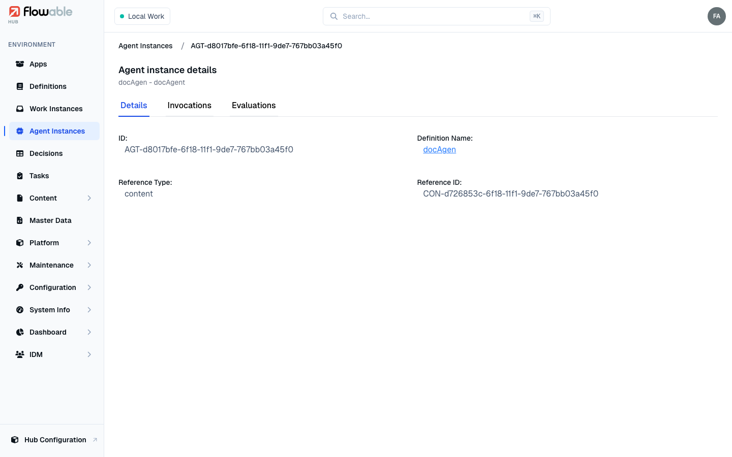 An agent instance detail view