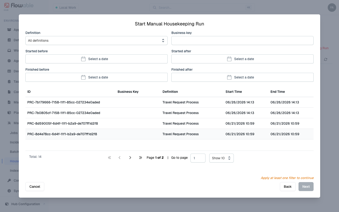 Previewing the instances a housekeeping run will affect