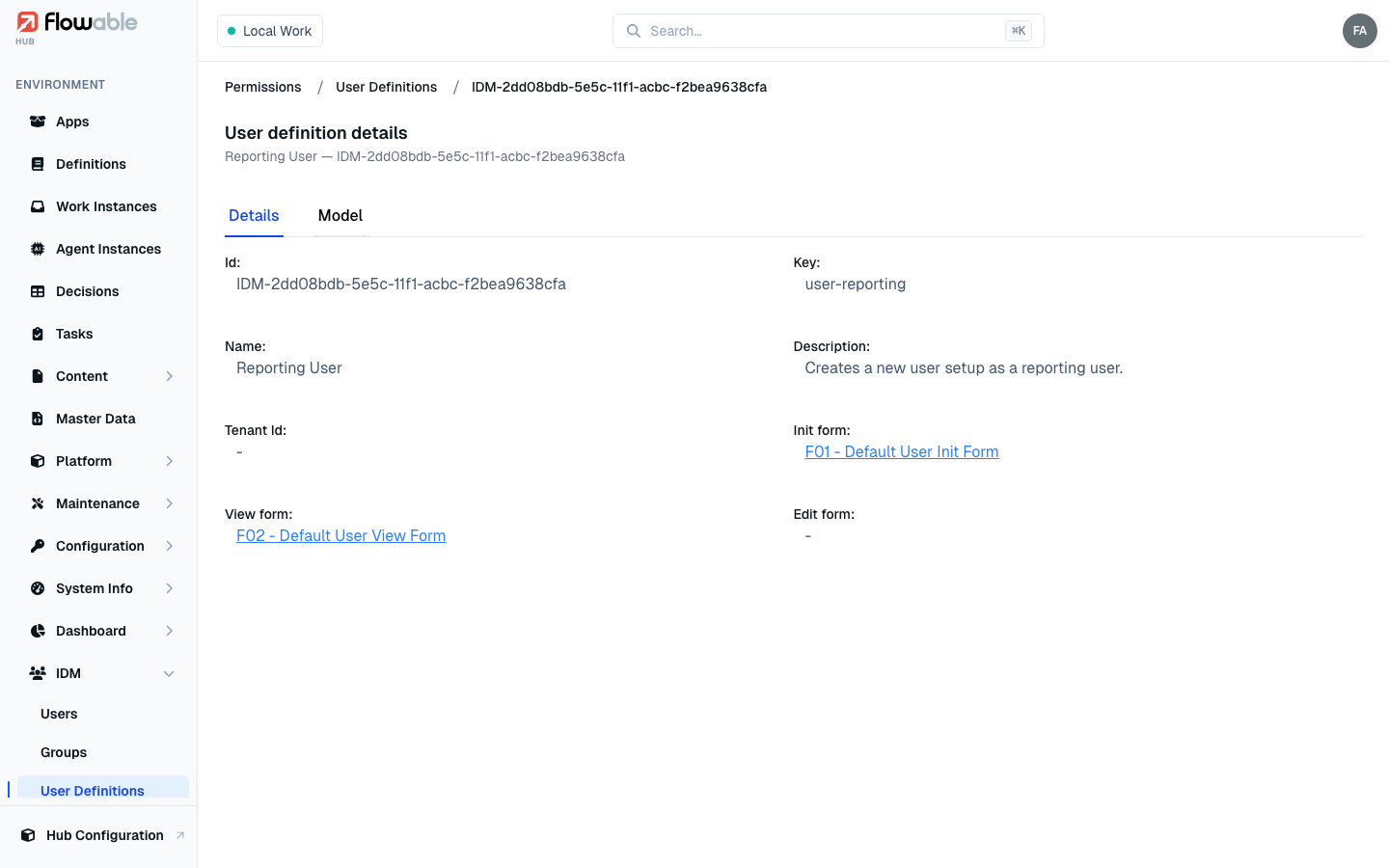 A user definition detail view