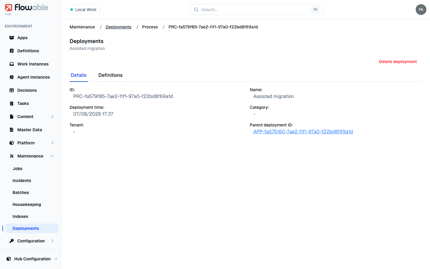 A deployment's detail view, with the Details and Definitions tabs and the delete action
