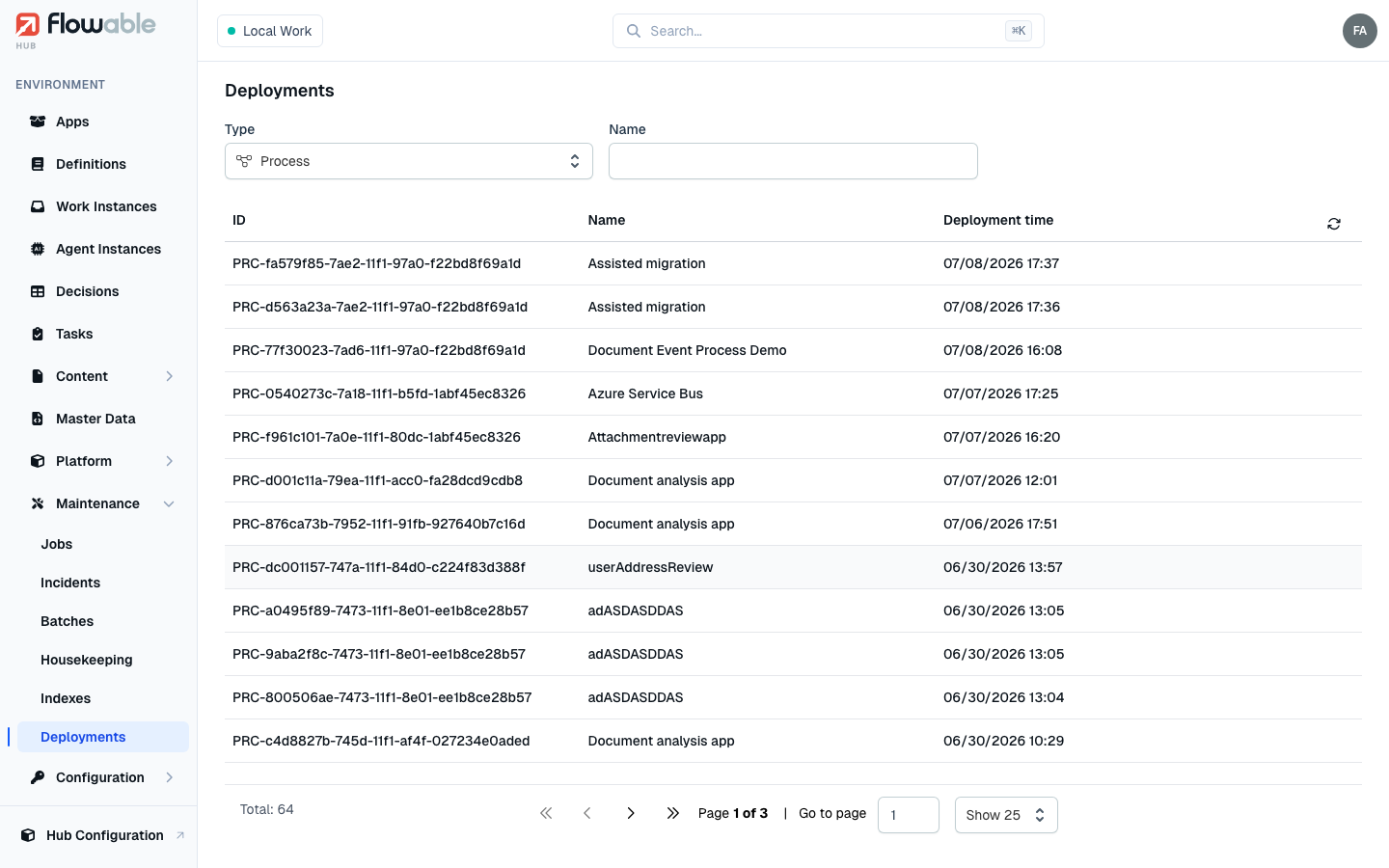 The Deployments view, listing process deployments with the type selector
