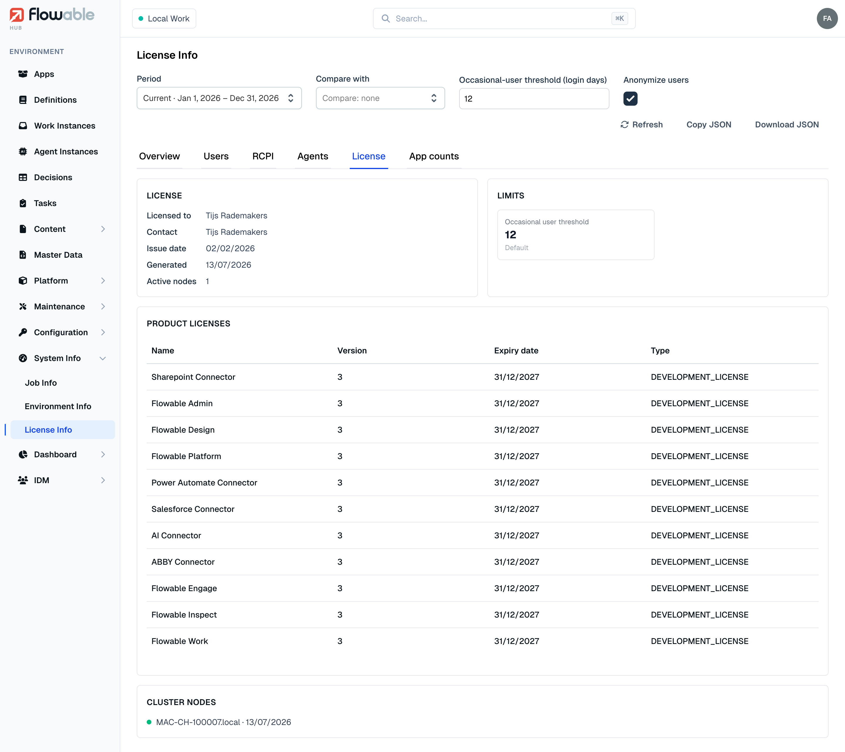 License Info — the License tab