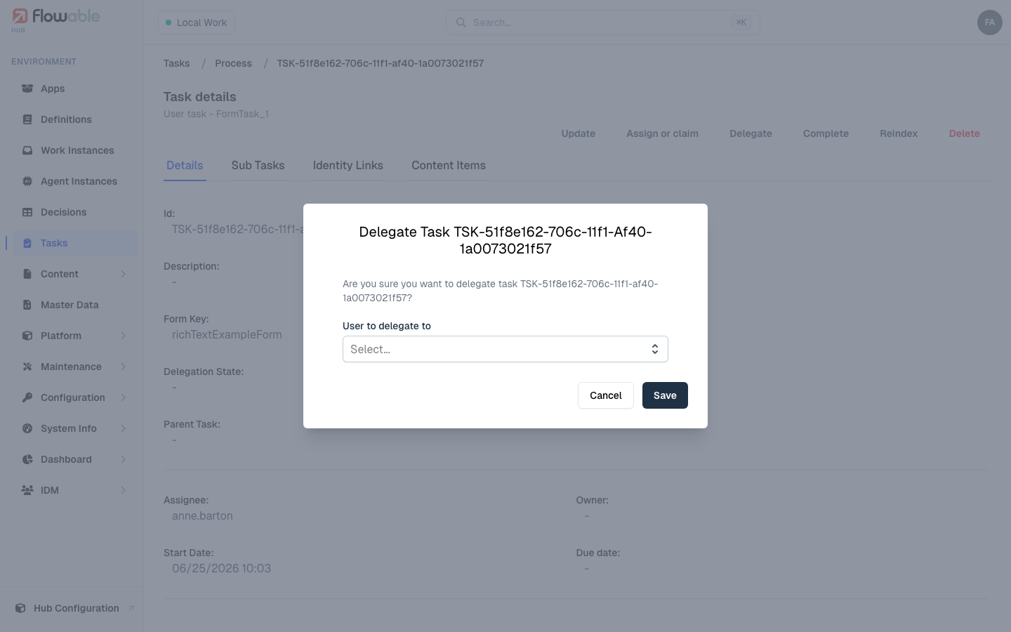 The delegate task dialog