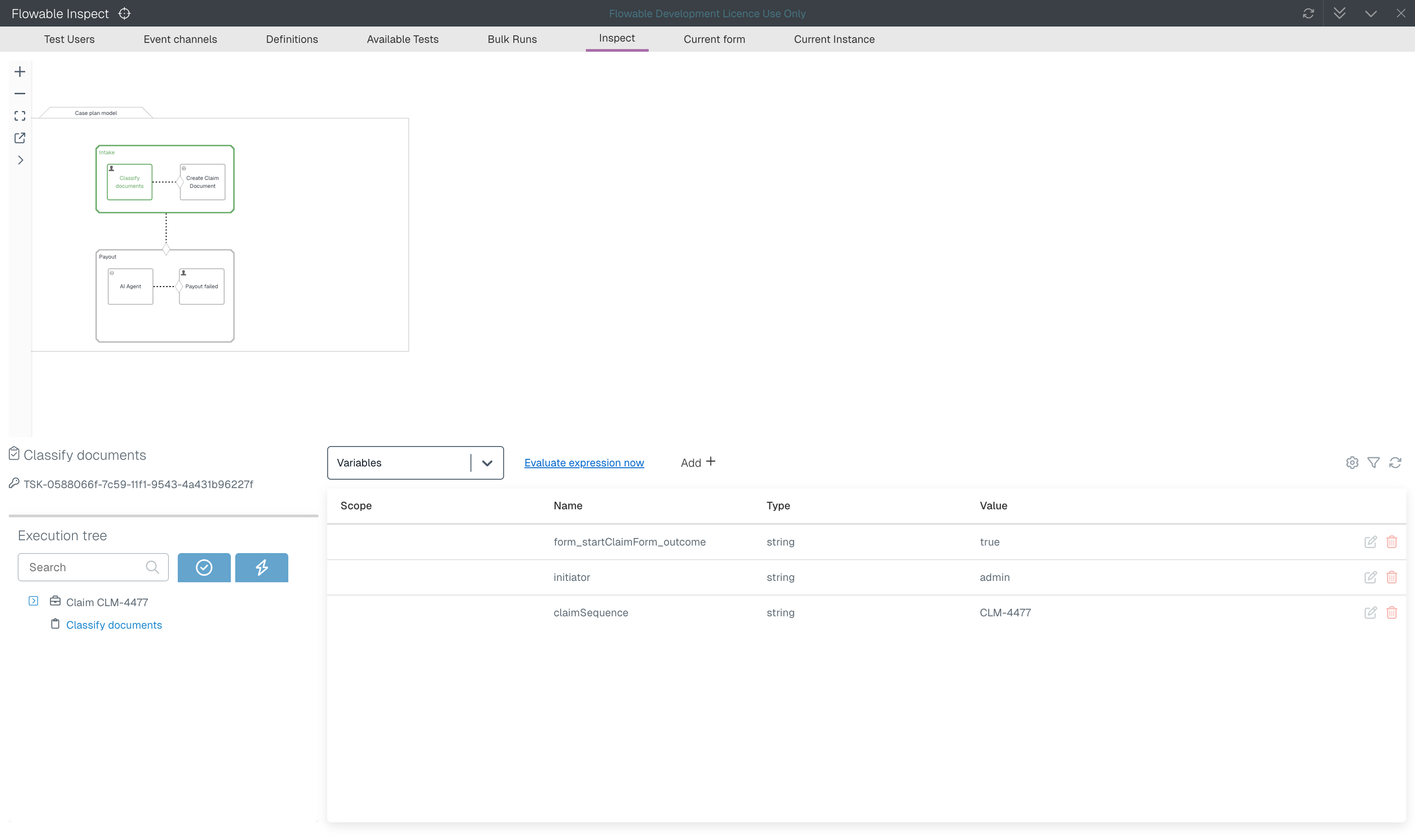 The execution tree, diagram and variable list in the Inspect tab