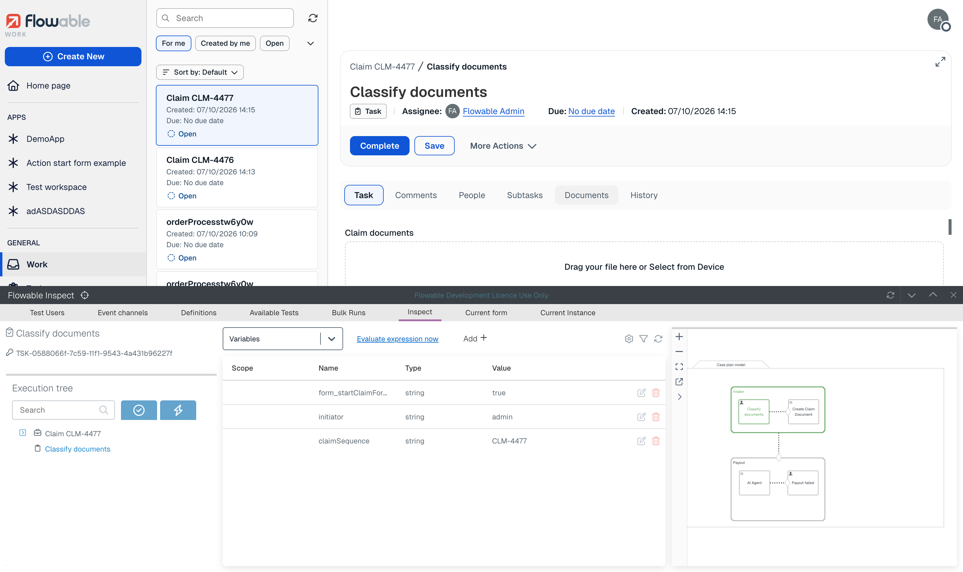The Flowable Inspect panel docked in Flowable Work