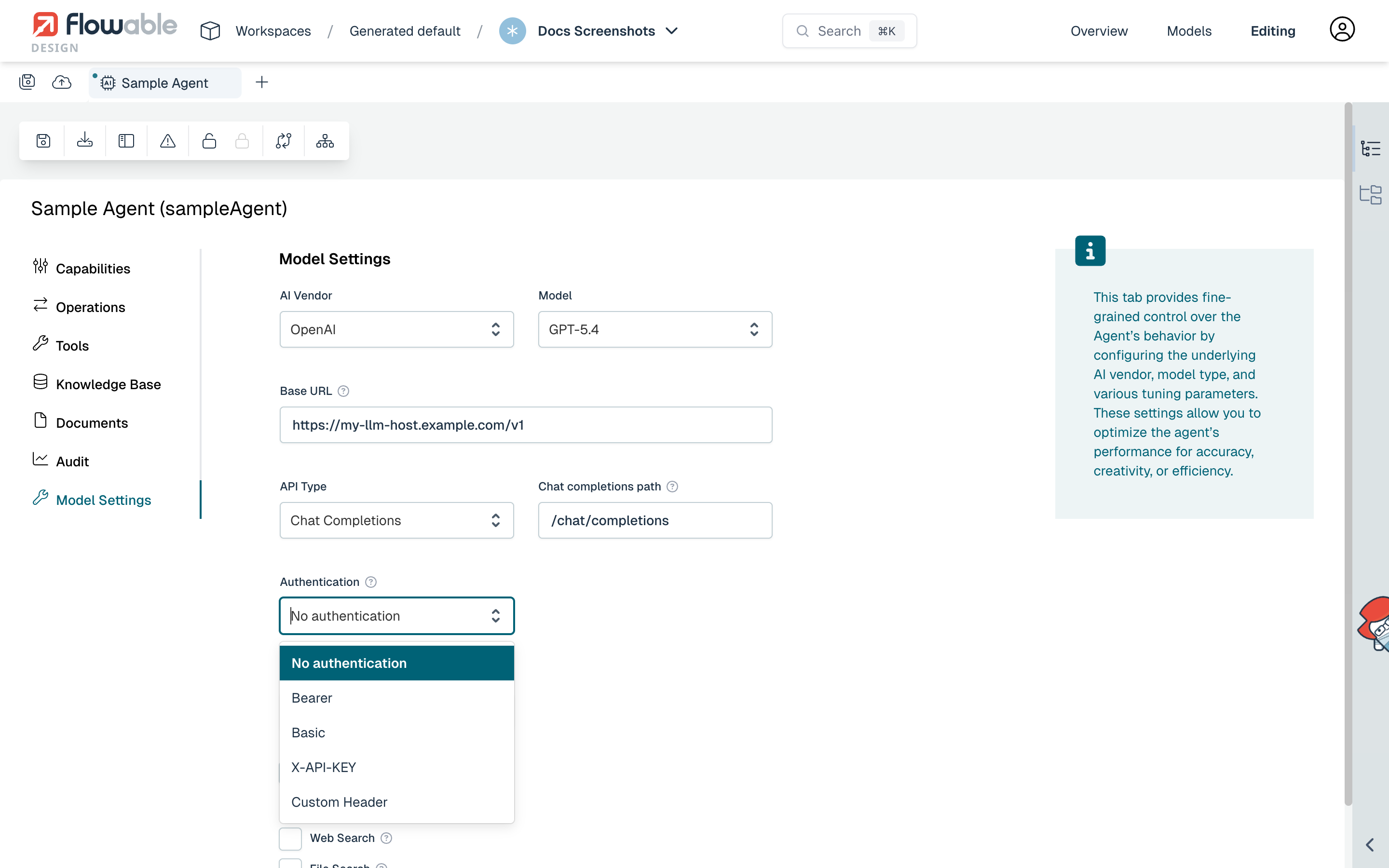 Authentication picker in the model settings