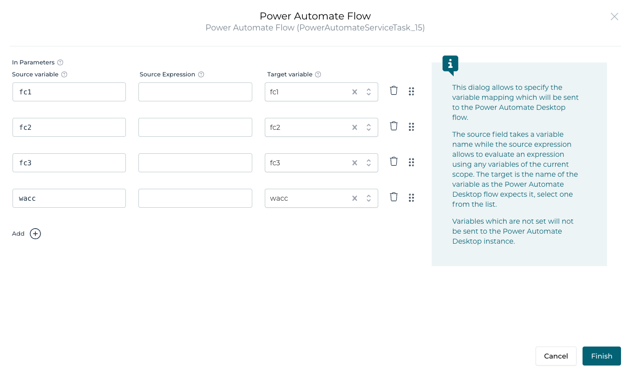 List of the input parameters for the Power Automate Task