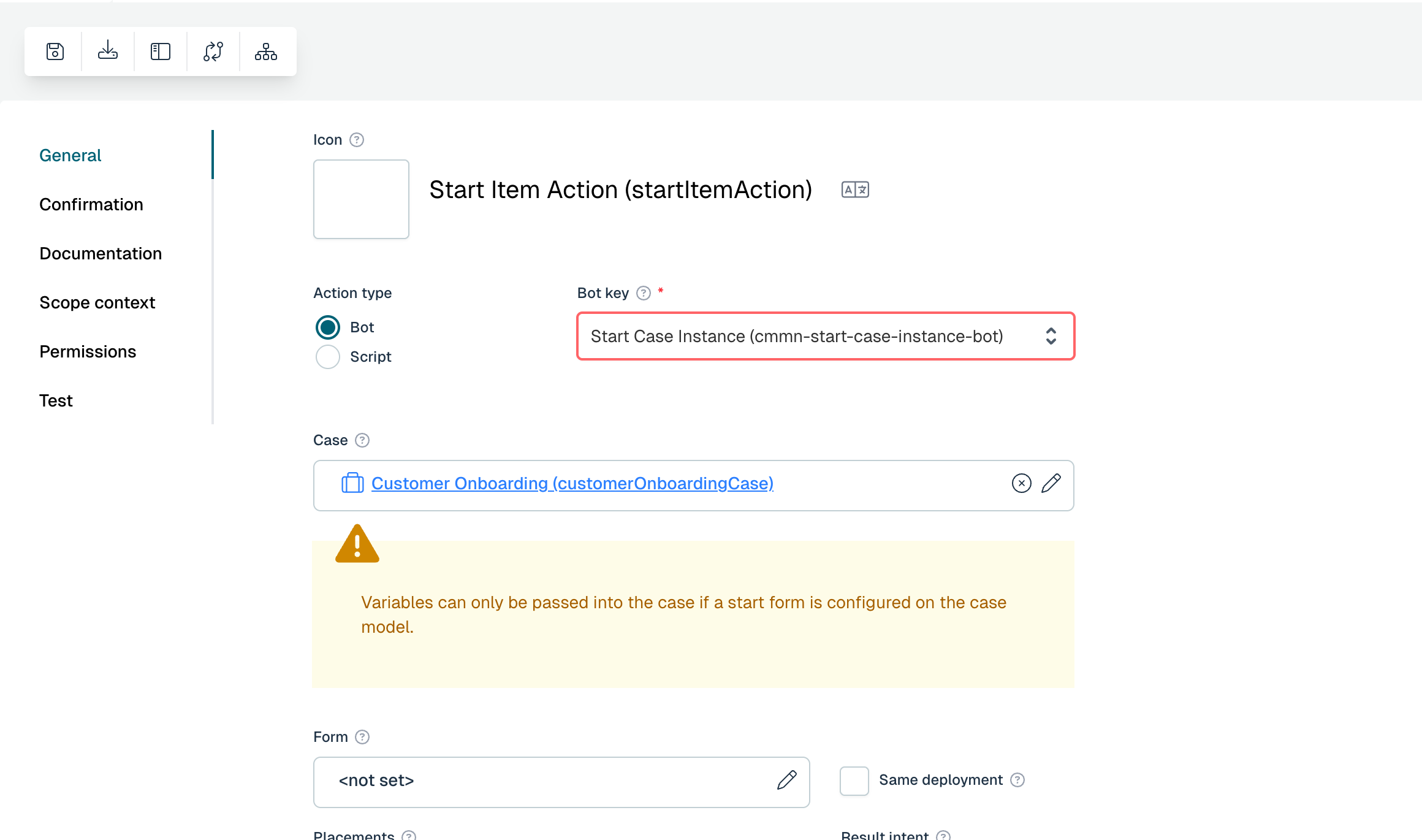 A start-case action using the cmmn-start-case-instance-bot