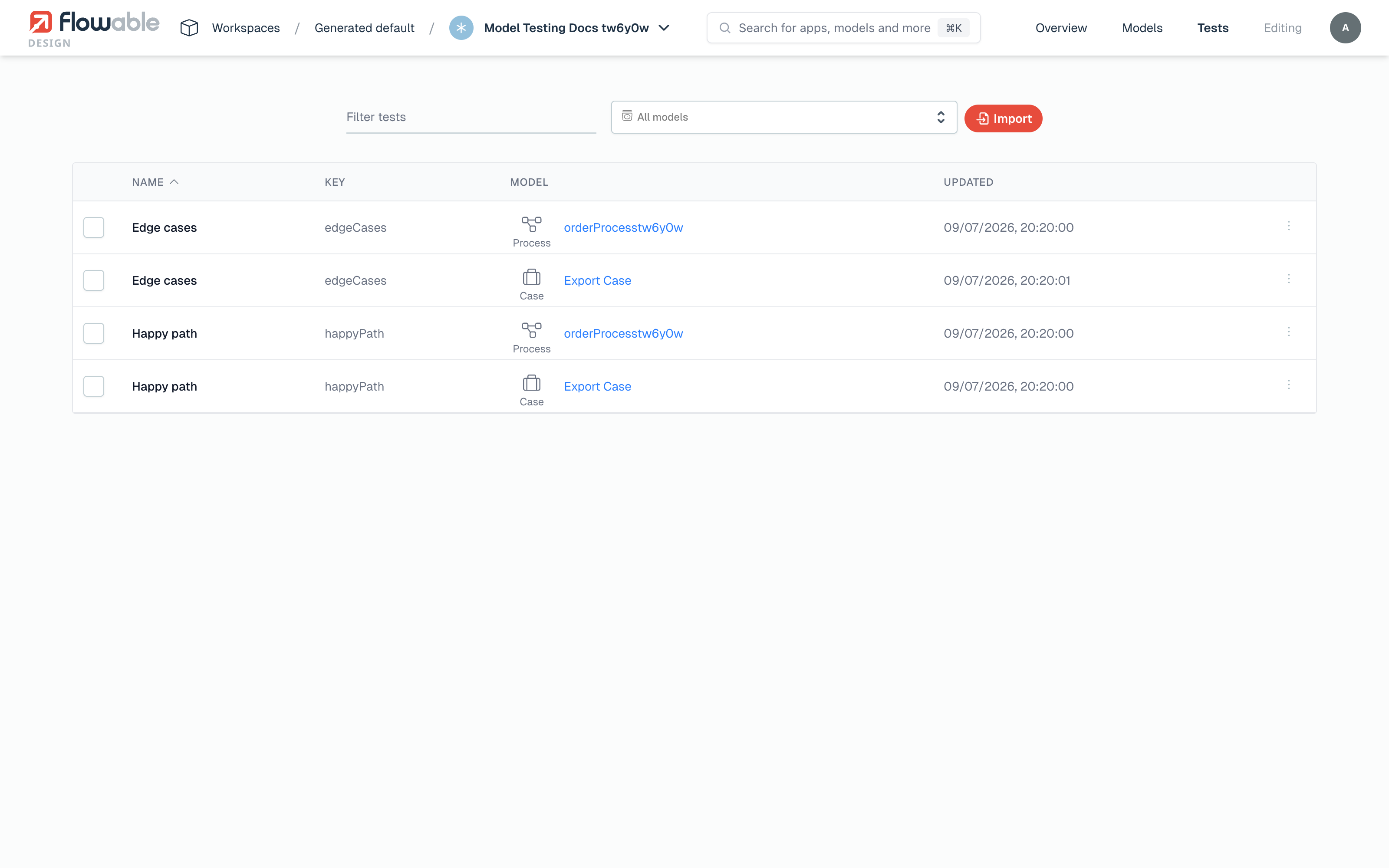 The app-level Tests overview