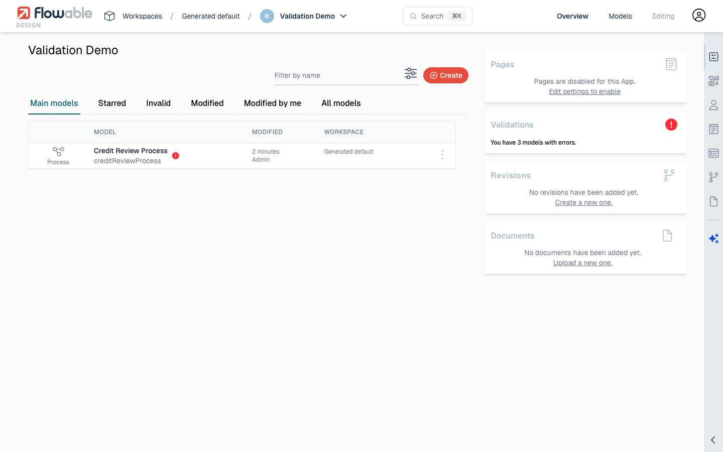 App overview with validation errors