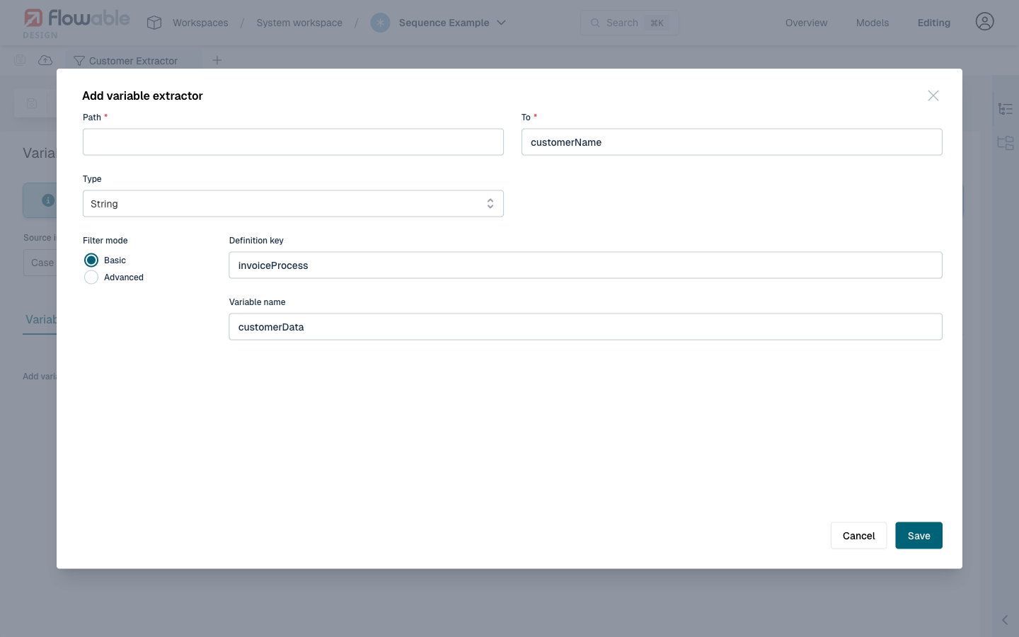Add variable extractor dialog with configured fields